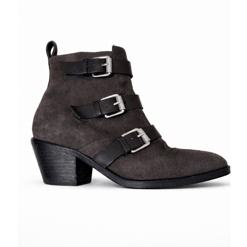 All saints LULU TRIPLE BUCKLE ANKLE Boots, Gray Suede, Black Leather SZ 8.5